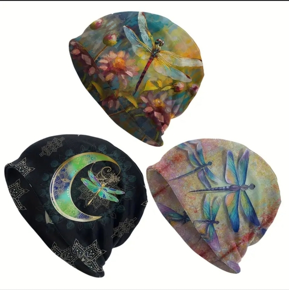 Accessories - Set of 3 Boho Dragonfly Knit Beanies, Stretchy Soft Polyester Cancer Cap